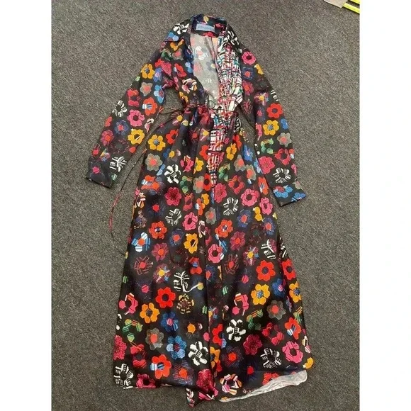 Jonathan Cohen Womens Multicolor Budgie Floral Silk Blanket Maxi Dress S…